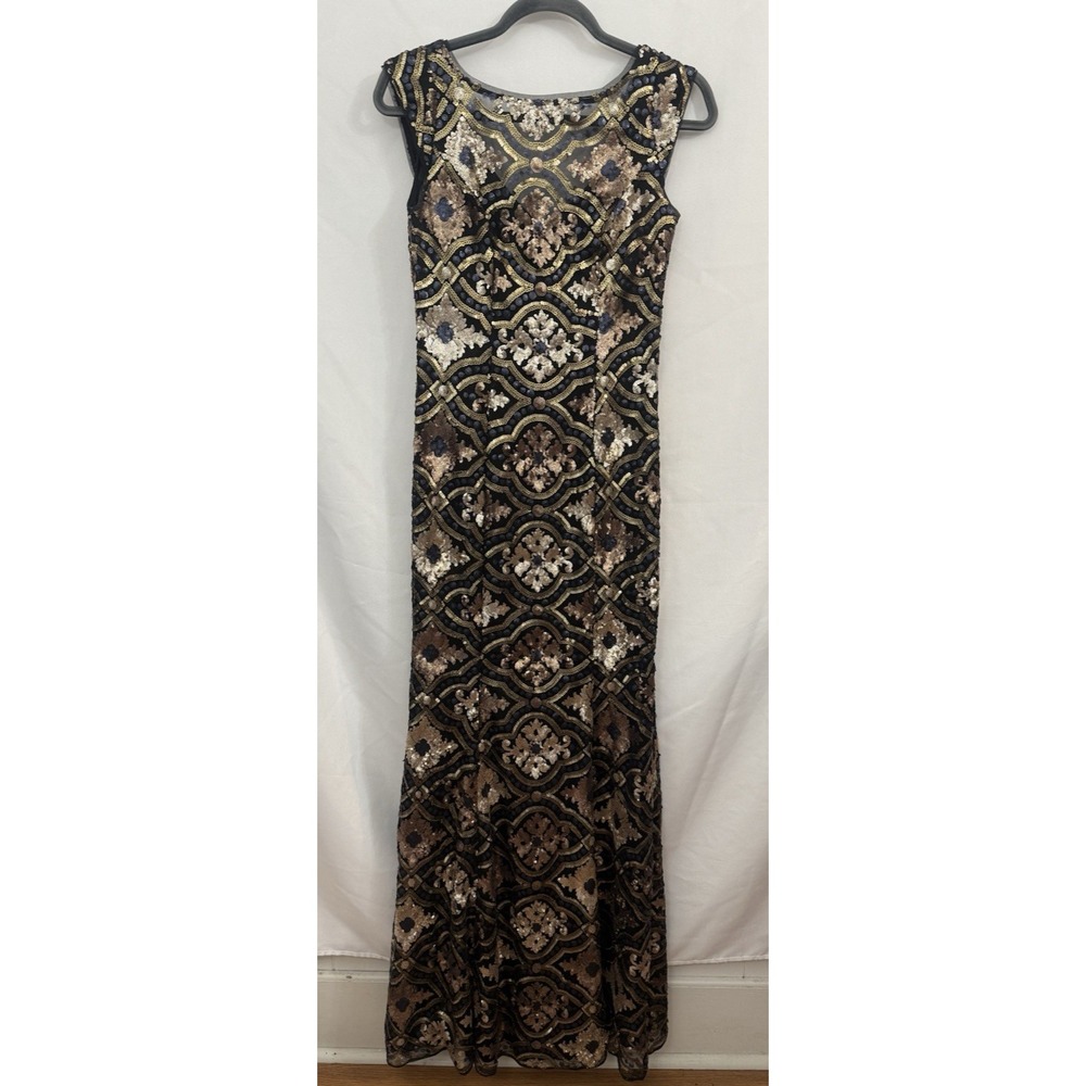 Cache Sequined Gown Dress Black Gold Silver Womens Size 0 Full Length Formal